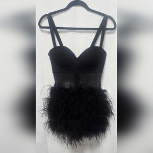 Fashion Nova brand, black corset-style mini dress with feather and mesh details.